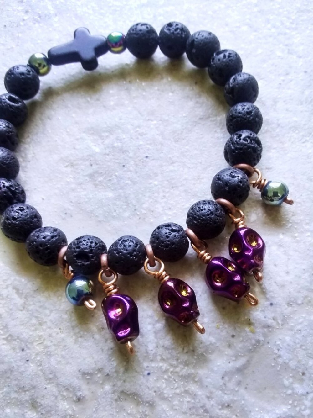Skulls + Cross & Lava Rock Beads! Unique Handmade Stretch Bracelet! Punk Grunge